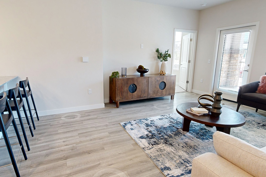 Model unit kitchen and living room.