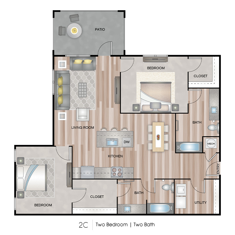 Rendering of the 2C floor plan with 2 bedroom[s] and 2 bathroom[s] at Ascend on Glendale