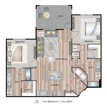 Rendering of the 2B floor plan with 2 bedroom[s] and 2 bathroom[s] at Ascend on Glendale