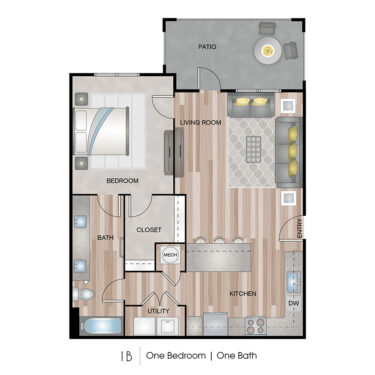 Rendering of the 1B floor plan with 1 bedroom[s] and 1 bathroom[s] at Ascend on Glendale