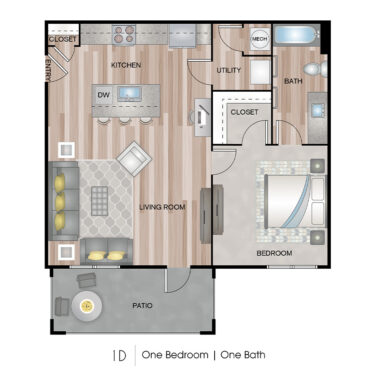 Rendering of the 1D floor plan with 1 bedroom[s] and 1 bathroom[s] at Ascend on Glendale