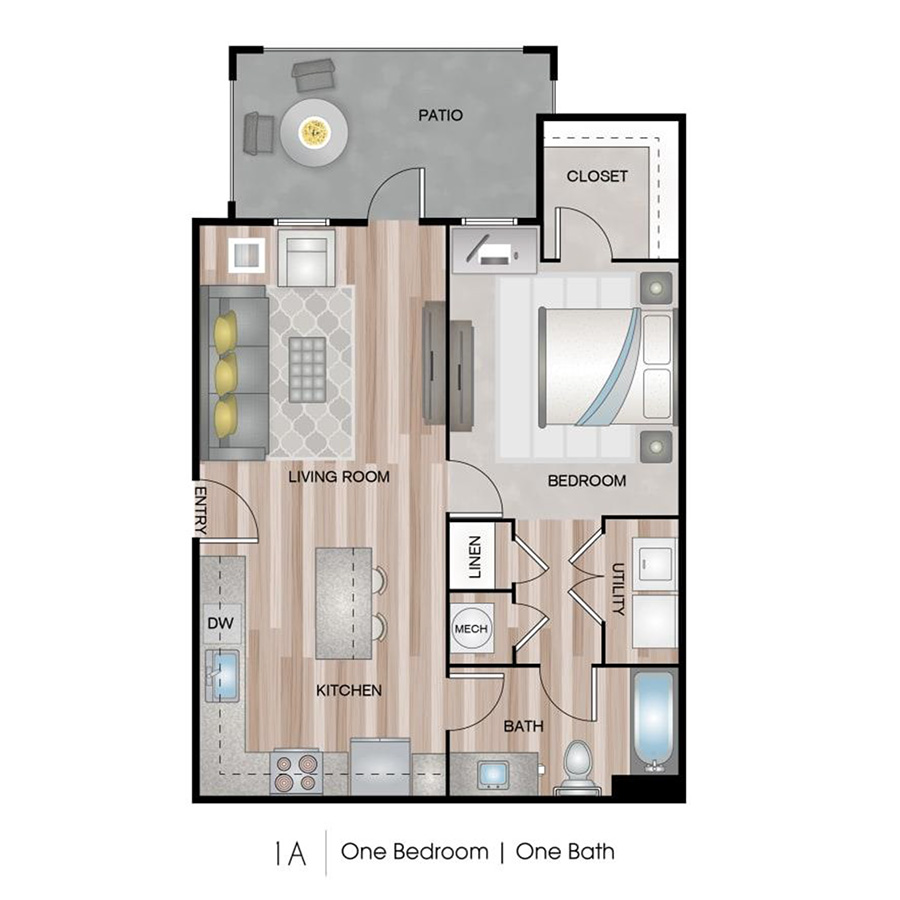Rendering of the 1A floor plan with 1 bedroom[s] and 1 bathroom[s] at Ascend on Glendale