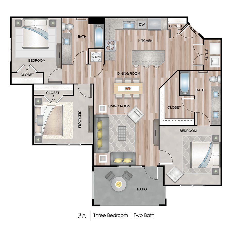 Rendering of the 3A floor plan with 3 bedroom[s] and 2 bathroom[s] at Ascend on Glendale