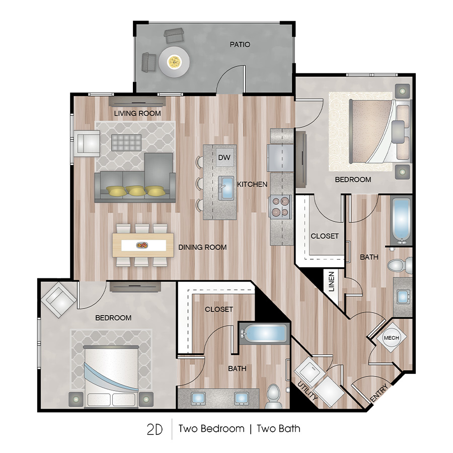 Rendering of the 2D floor plan with 2 bedroom[s] and 2 bathroom[s] at Ascend on Glendale